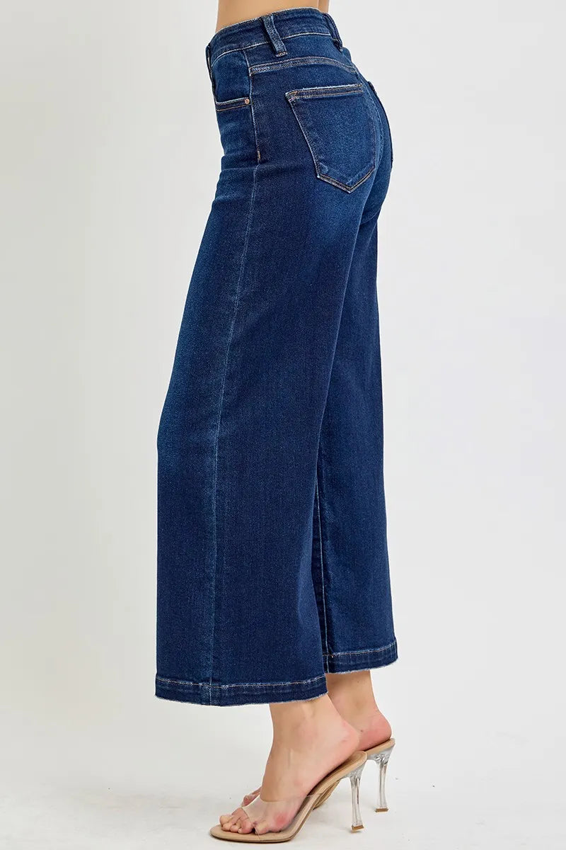 Risen High Rise Dark Wash Crop Wide Leg Jeans