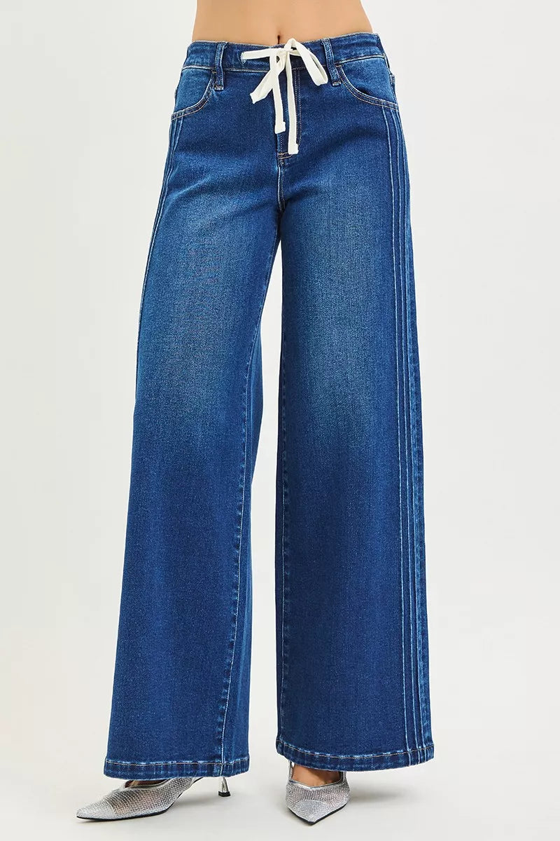 Risen Mid Rise Side Pintuck Wide Leg Jeans 