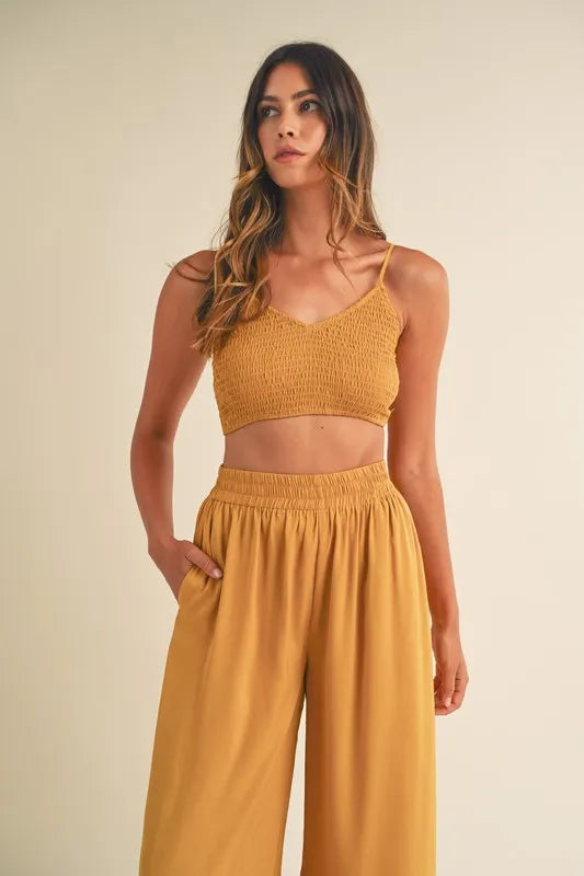 Mable Smocked Bralette Crop Top and Wide Leg Pants Set in Gold Mustard