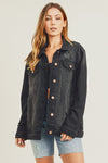 RISEN Black Vintage Wash Oversized Denim Jacket. Vintage wash black denim jacket with distressed details, button down front, button cuffs, front button pockets, additional side pockets, and a relaxed fit.