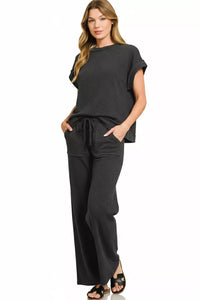 Cotton Slub Short Sleeve Tee and Pants Set in Black
