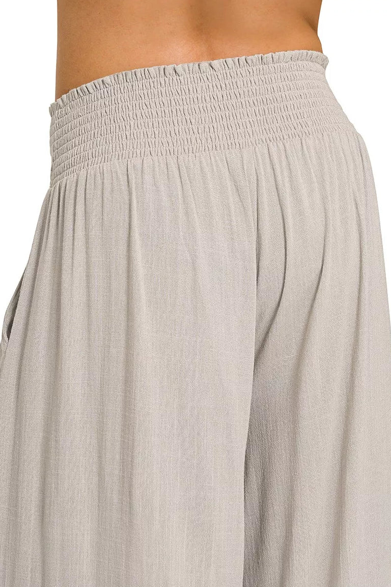 Zenana Smocked Waistband Wide Leg Pants in Sand Beige