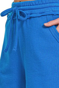 Zenana Fleece Raw Hem Shorts with Drawstring in Ocean Blue