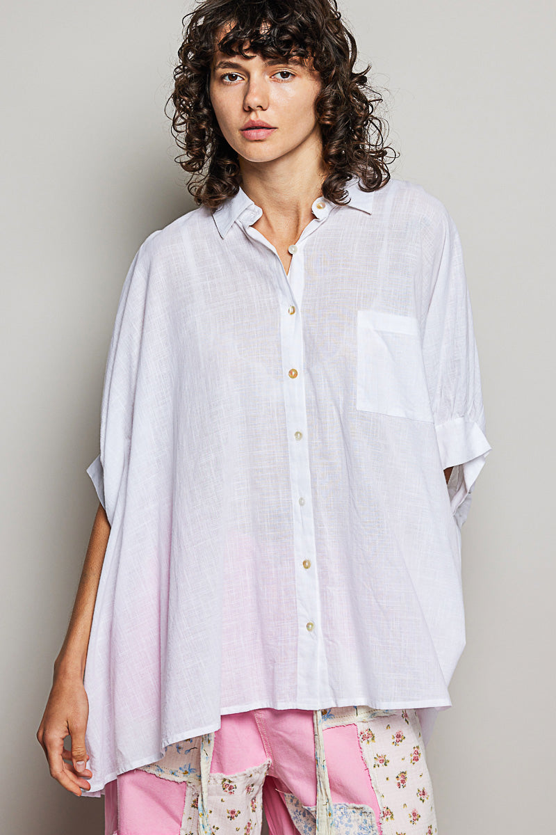 Off White Cotton Button Down Half Dolman Sleeve Shirt