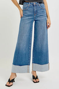 Risen High Rise Tummy Control Cuffed Wide Leg Jeans