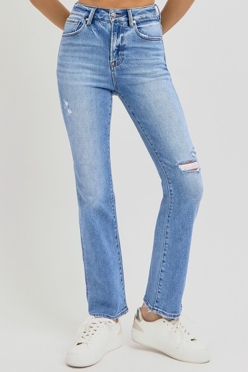 RISEN High Rise Ankle Straight Knee Distressed Jeans