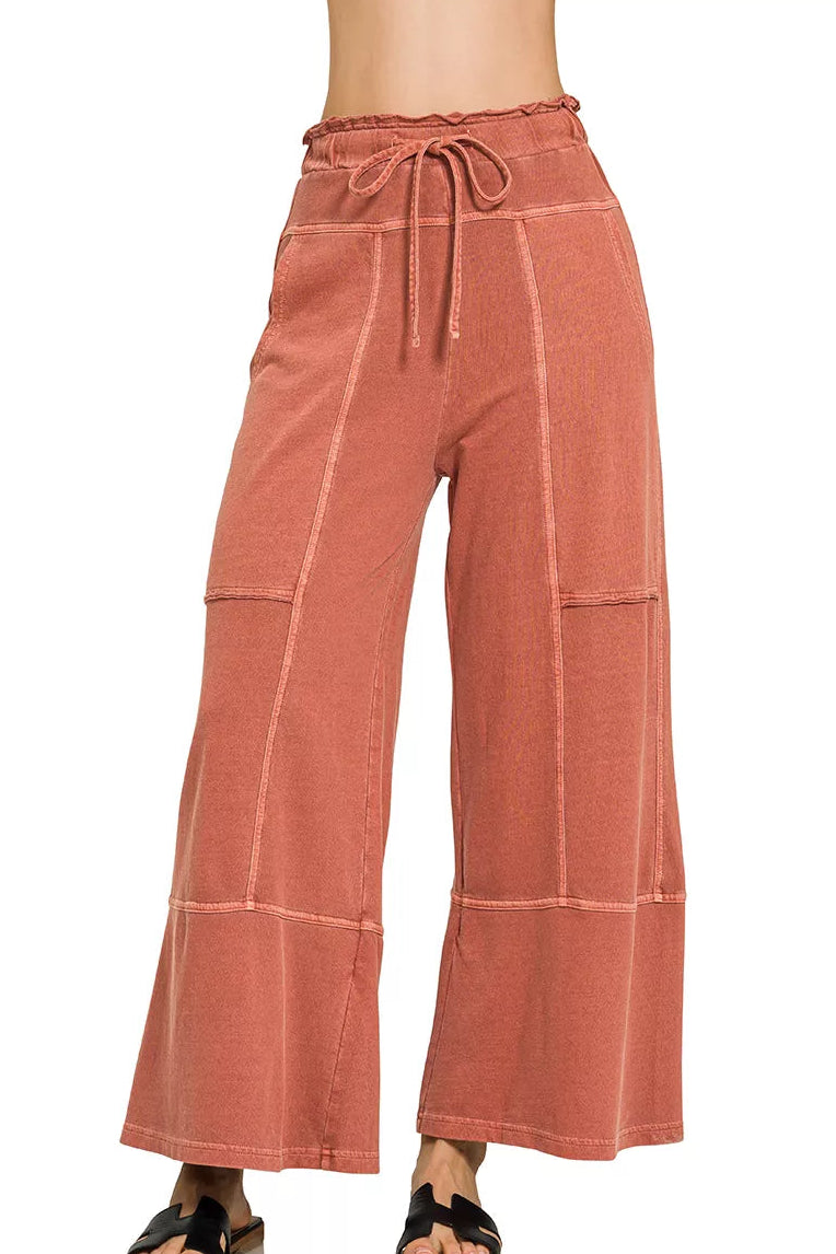 Zenana French Terry Washed Exposed Seam Wide Leg Pants in Rust