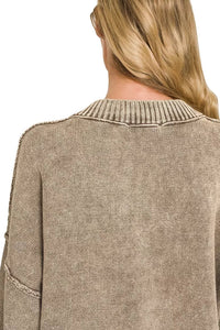 Zenana Washed V-Neck Oversized Sweater - Brown
