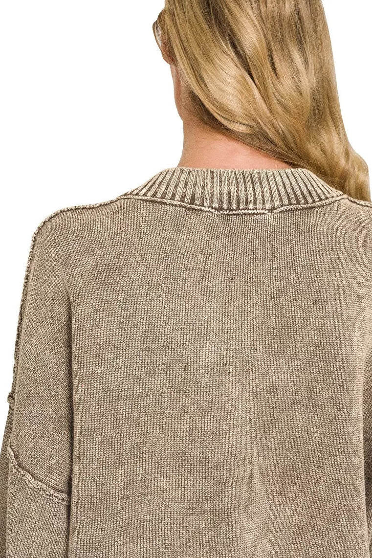 Zenana Washed V-Neck Oversized Sweater - Brown