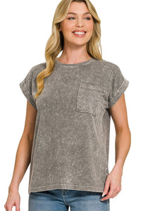 Zenana Halo Washed Cotton Cuffed Short Sleeve Top in Ash Black