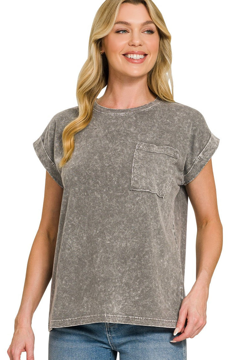 Zenana Halo Washed Cotton Cuffed Short Sleeve Top in Ash Black