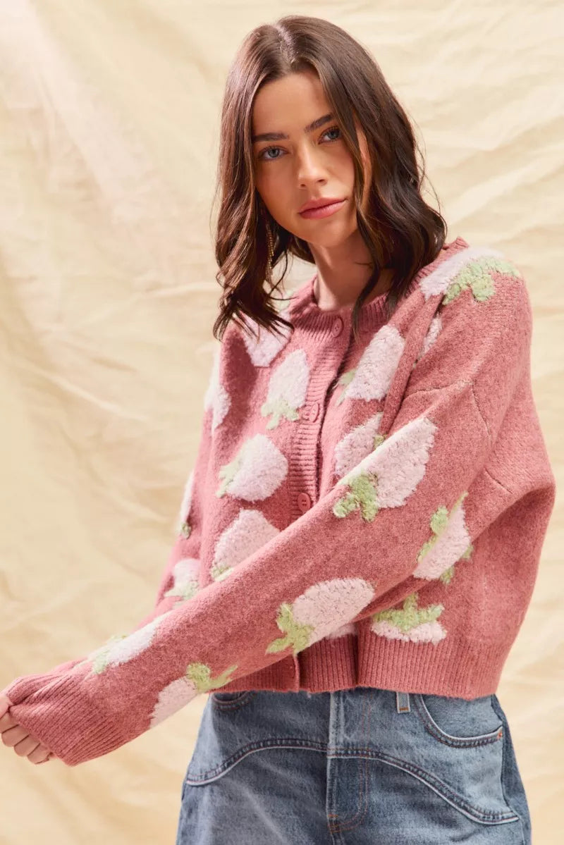 Strawberry Button Down Sweater Cardigan
