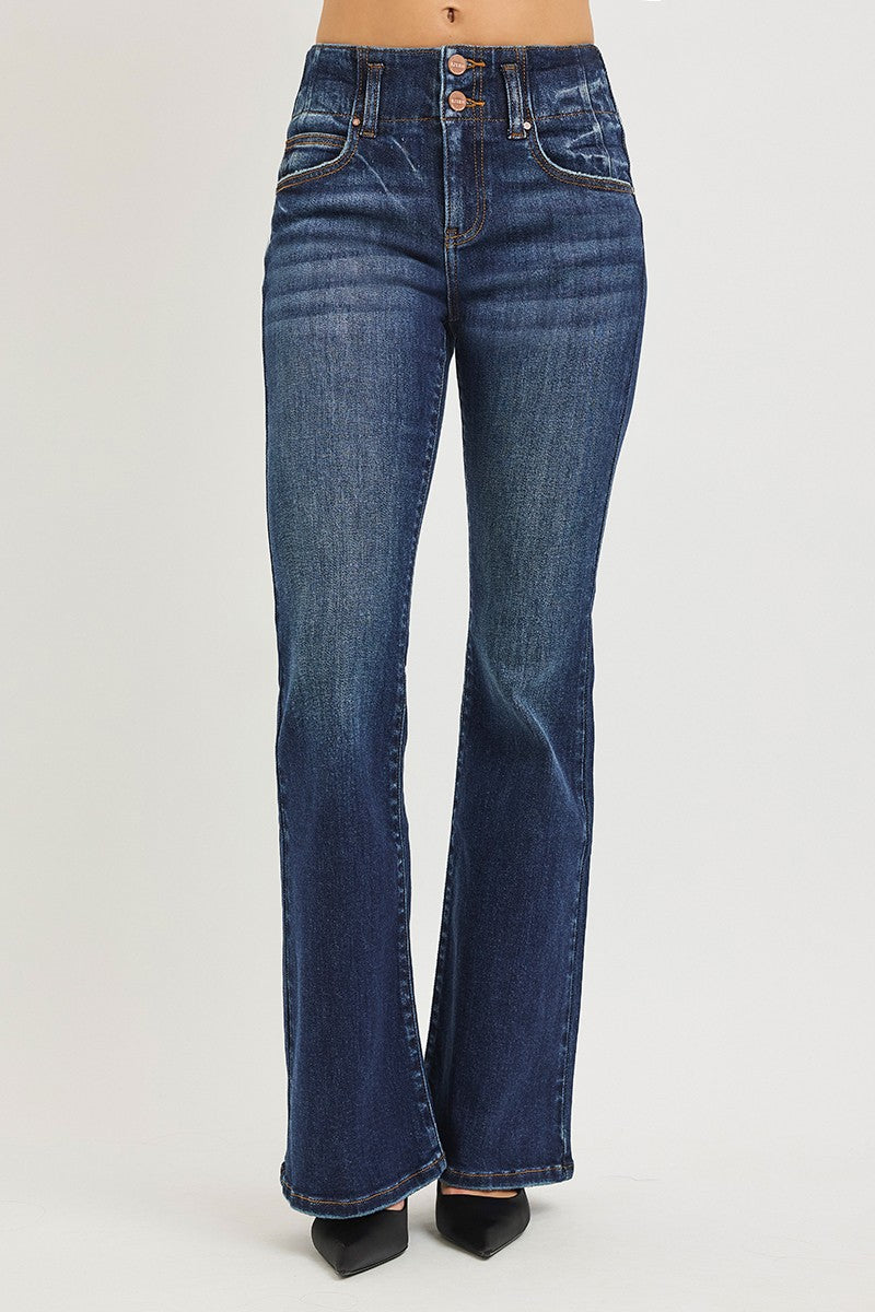 Risen High Rise Flare Jeans With Seam Detail Waistband