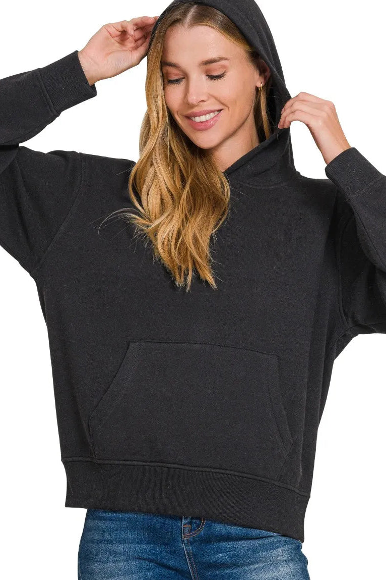 Zenana Fleece Kangaroo Pocket Hoodie in Black