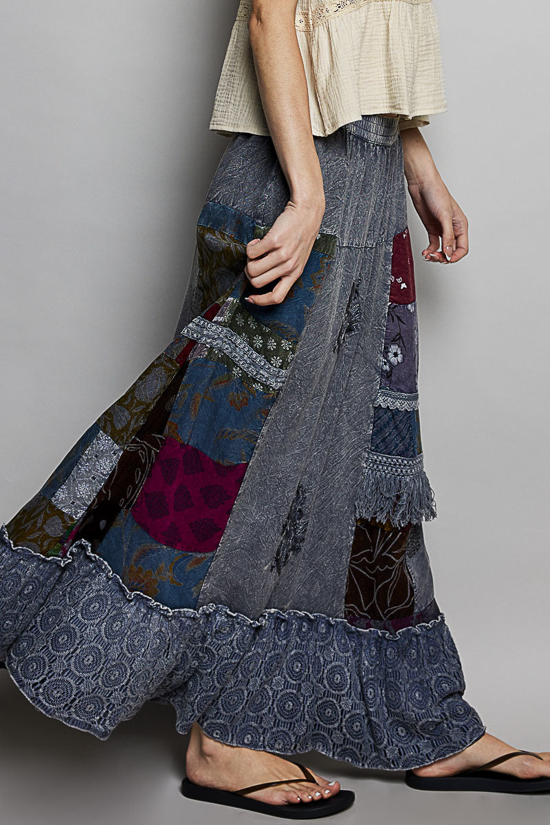 POL One of a Kind - Printed Patchwork Embroidered Ruffled Skirt