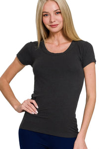 Black Ribbed Round Neck Short Sleeve T-Shirt