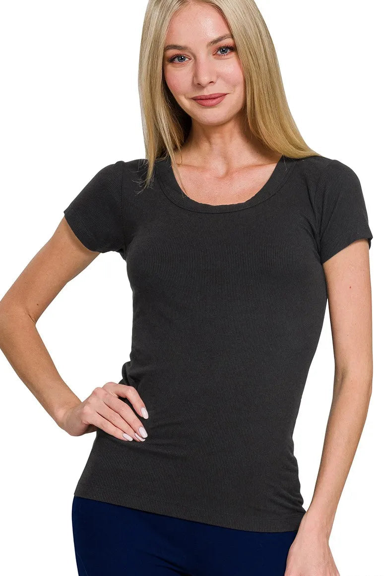 Black Ribbed Round Neck Short Sleeve T-Shirt