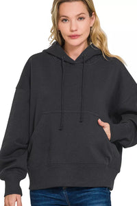 Oversized Fleece Kangaroo Pocket Hoodie in Black
