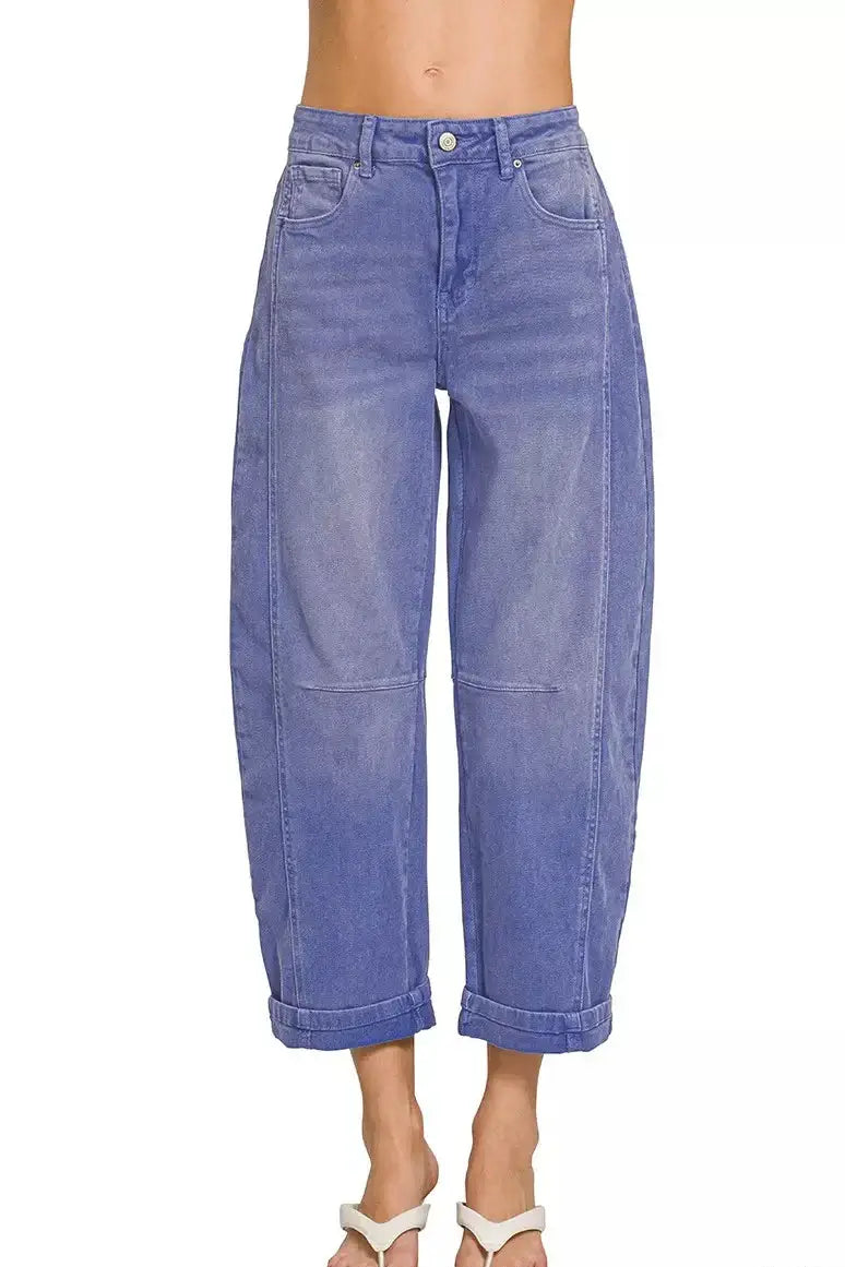 Zenana Mid Rise Barrel Leg Cropped Jeans in Marlin Blue