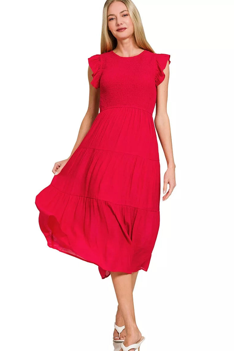 Woven Smocked Ruffle Sleeve Midi Dress in Red