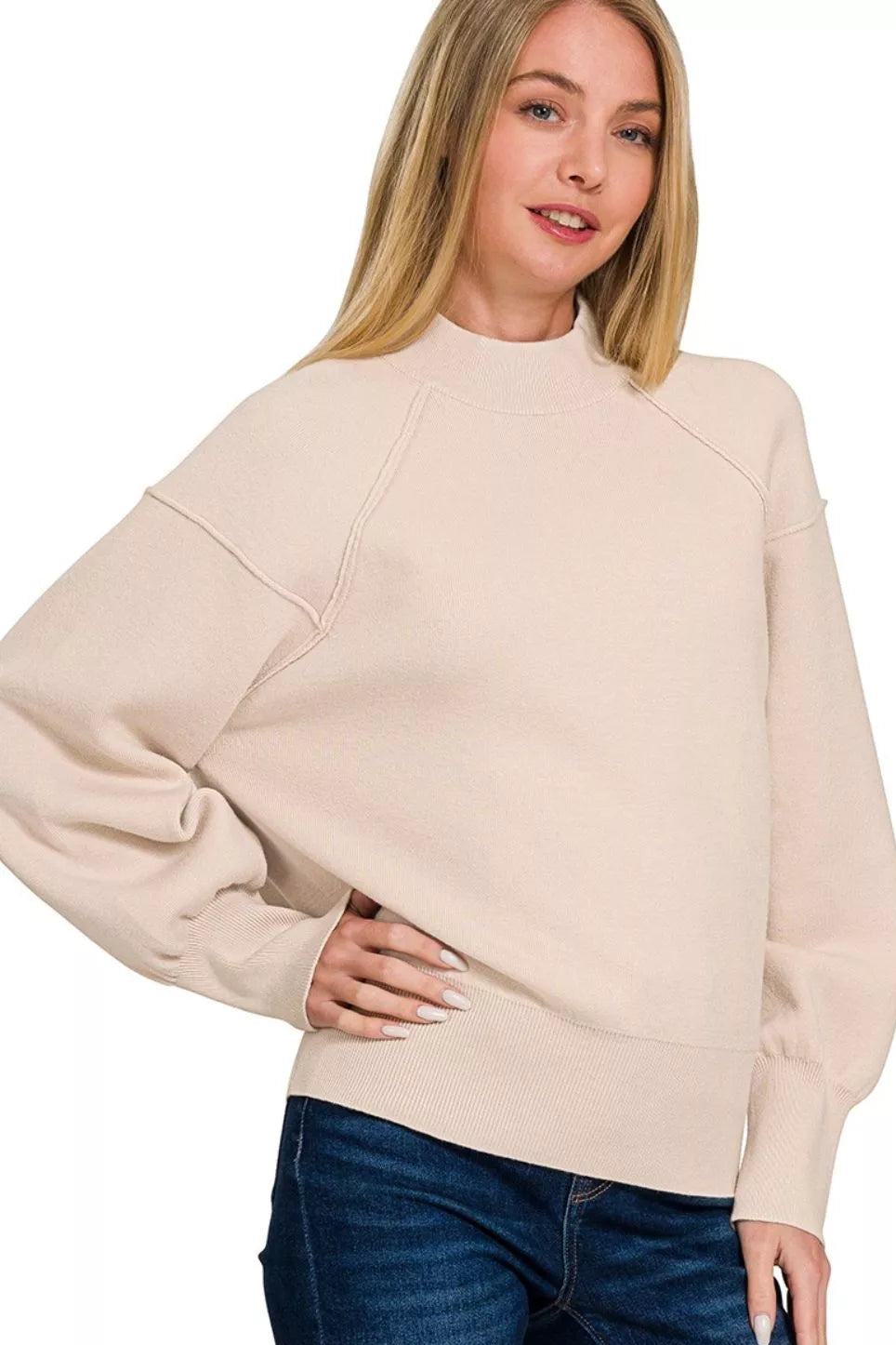 Sand Beige Mock Neck Exposed Seam Sweater