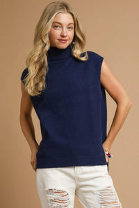 Umgee High-Low Turtleneck Sleeveless Sweater Knit Top in Navy