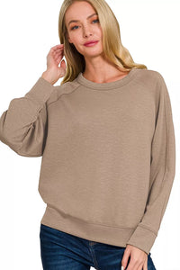 Zenana Scuba Round Neck Pullover Sweatshirt in Cocoa