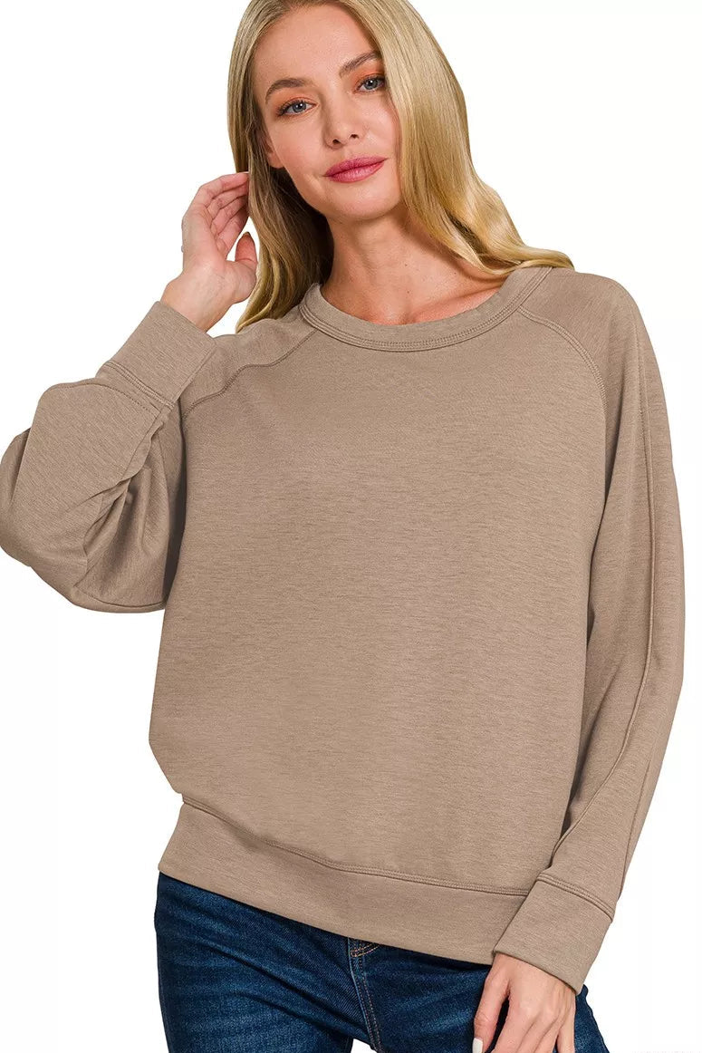 Zenana Scuba Round Neck Pullover Sweatshirt in Cocoa