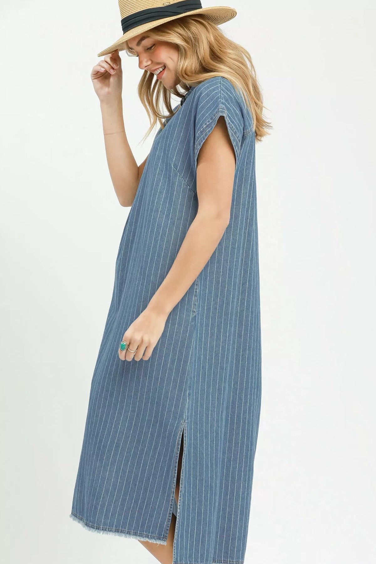 Umgee Pinstripe Denim Collared Midi Dress with Side Slits