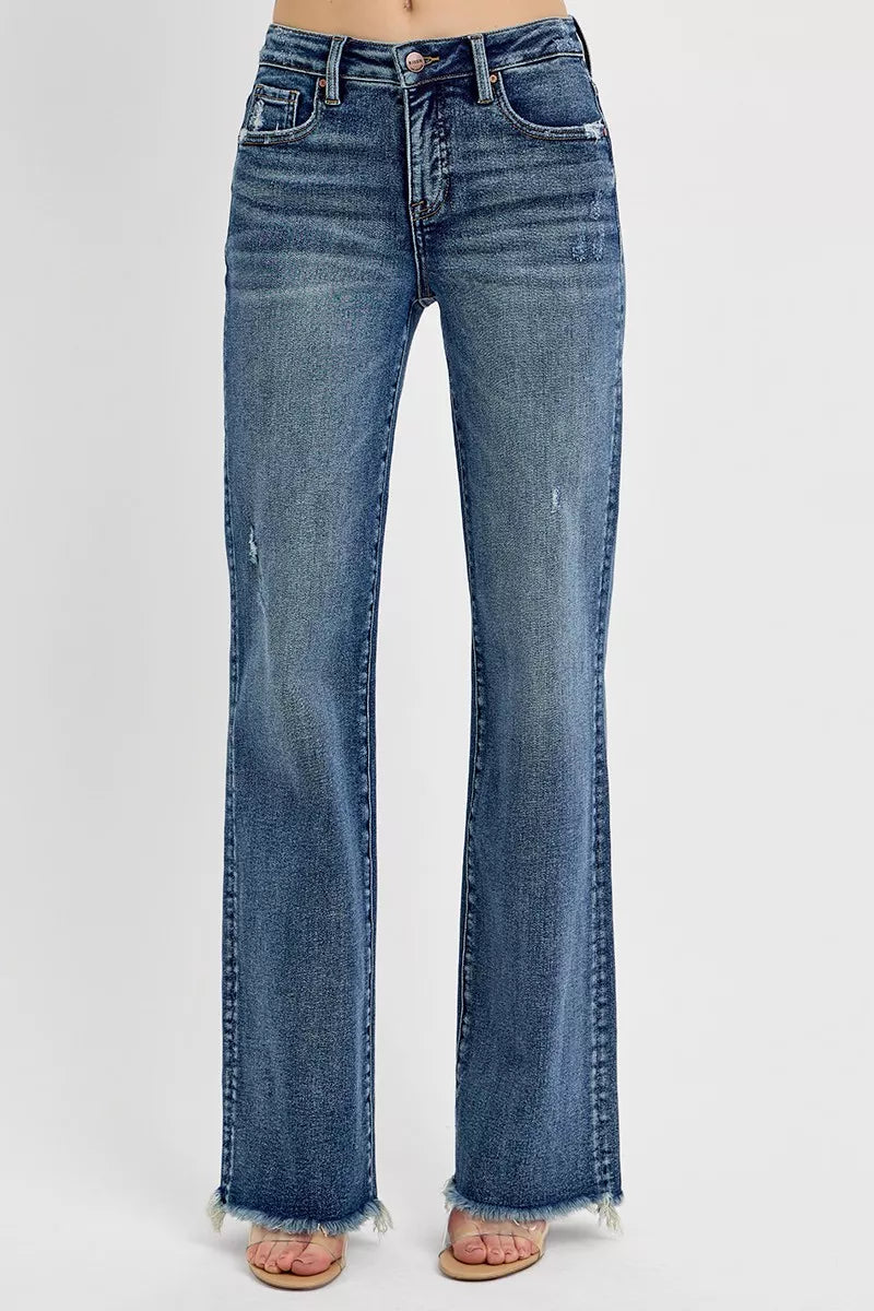 Risen High Rise Dark Wash Long Straight Jeans