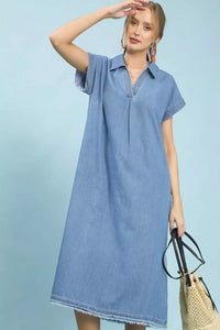 Stone Washed Collared Denim Midi Dress - Light Denim