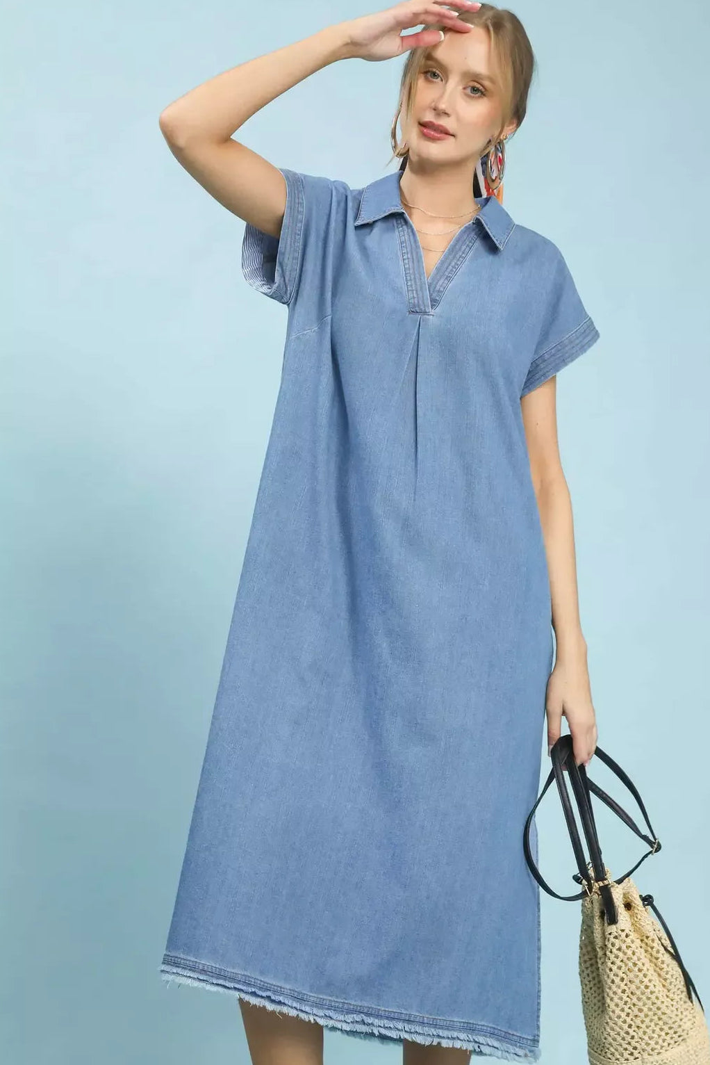 Stone Washed Collared Denim Midi Dress - Light Denim