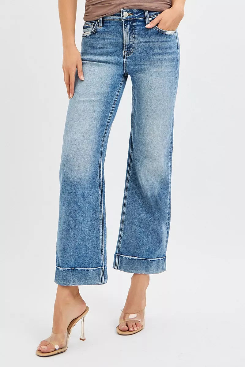 Risen Mid Rise Crop Straight Taylor Cuffed Jeans