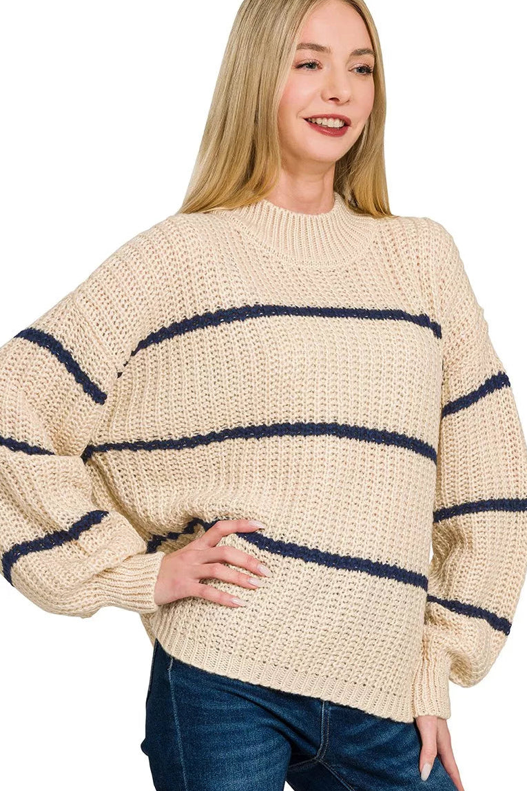 Zenana Oversize Striped Sweater in Taupe