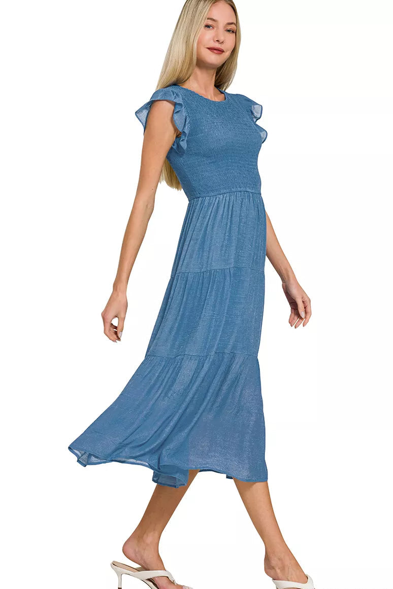 Woven Smocked Ruffle Sleeve Midi Dress in Dusty Blue
