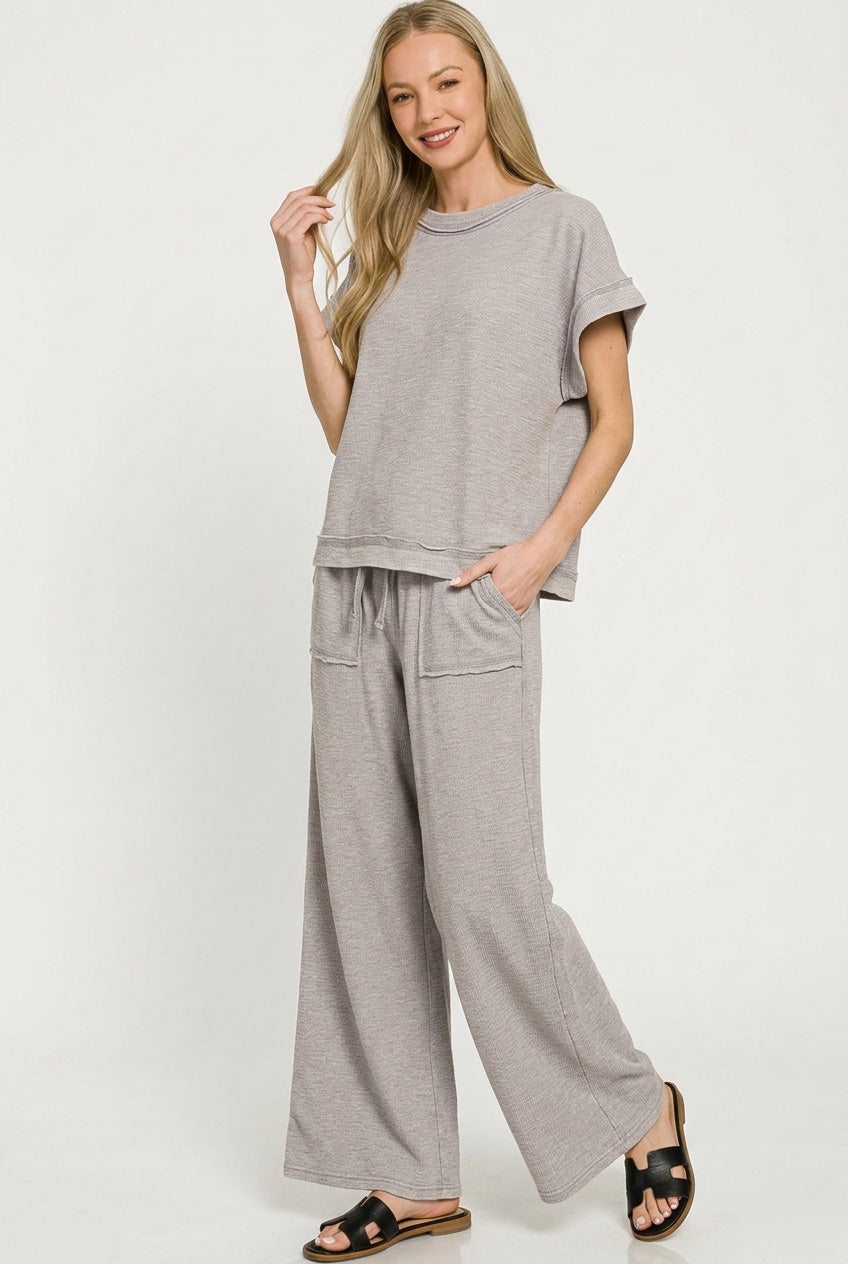 Zenana Cotton Slub Short Sleeve Tee and Pants Set in Sleet Grey