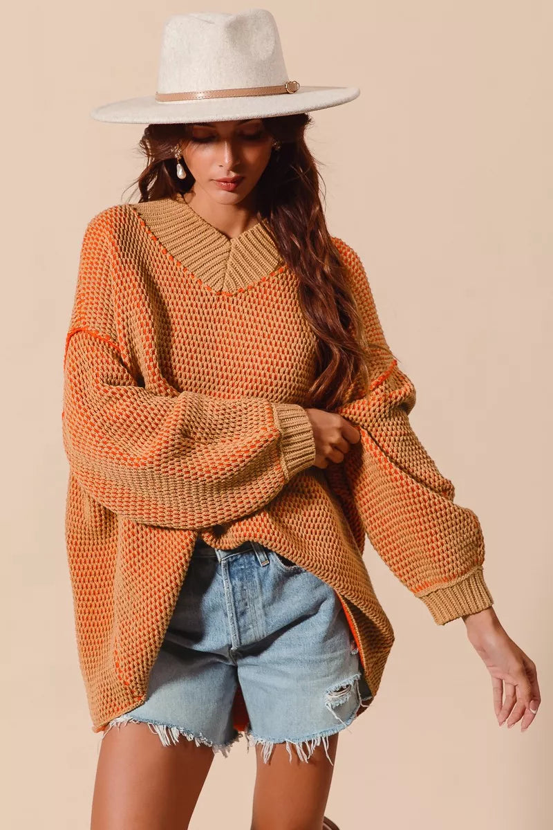So Me Oversized Two Tone Textured V-Neck Sweater