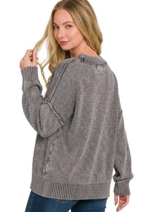 Zenana Washed V-Neck Oversized Sweater - Black