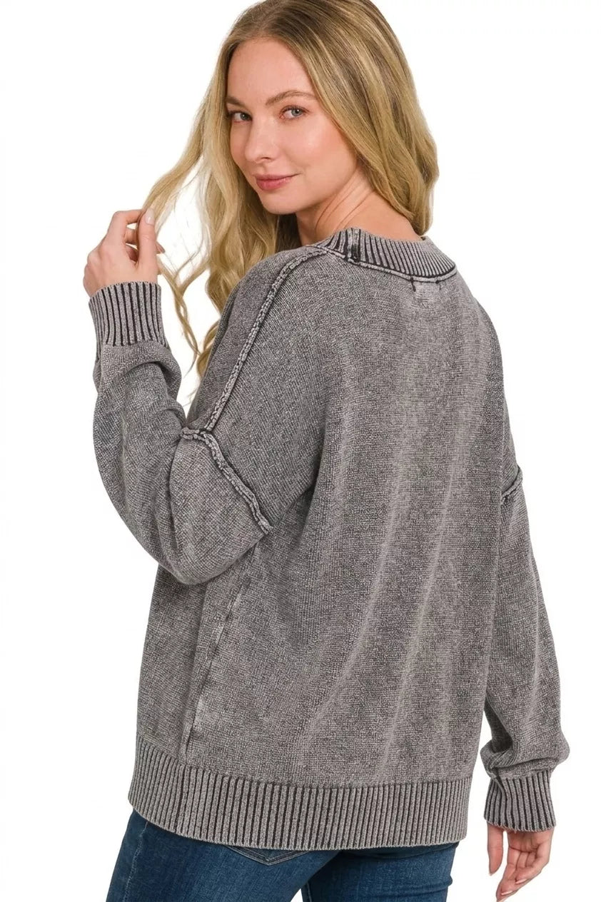 Zenana Washed V-Neck Oversized Sweater - Black