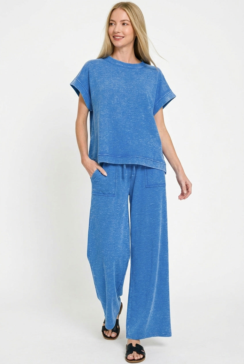 Zenana Cotton Slub Short Sleeve Tee and Pants Set in Ocean Blue