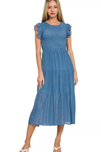 Woven Smocked Ruffle Sleeve Midi Dress in Dusty Blue