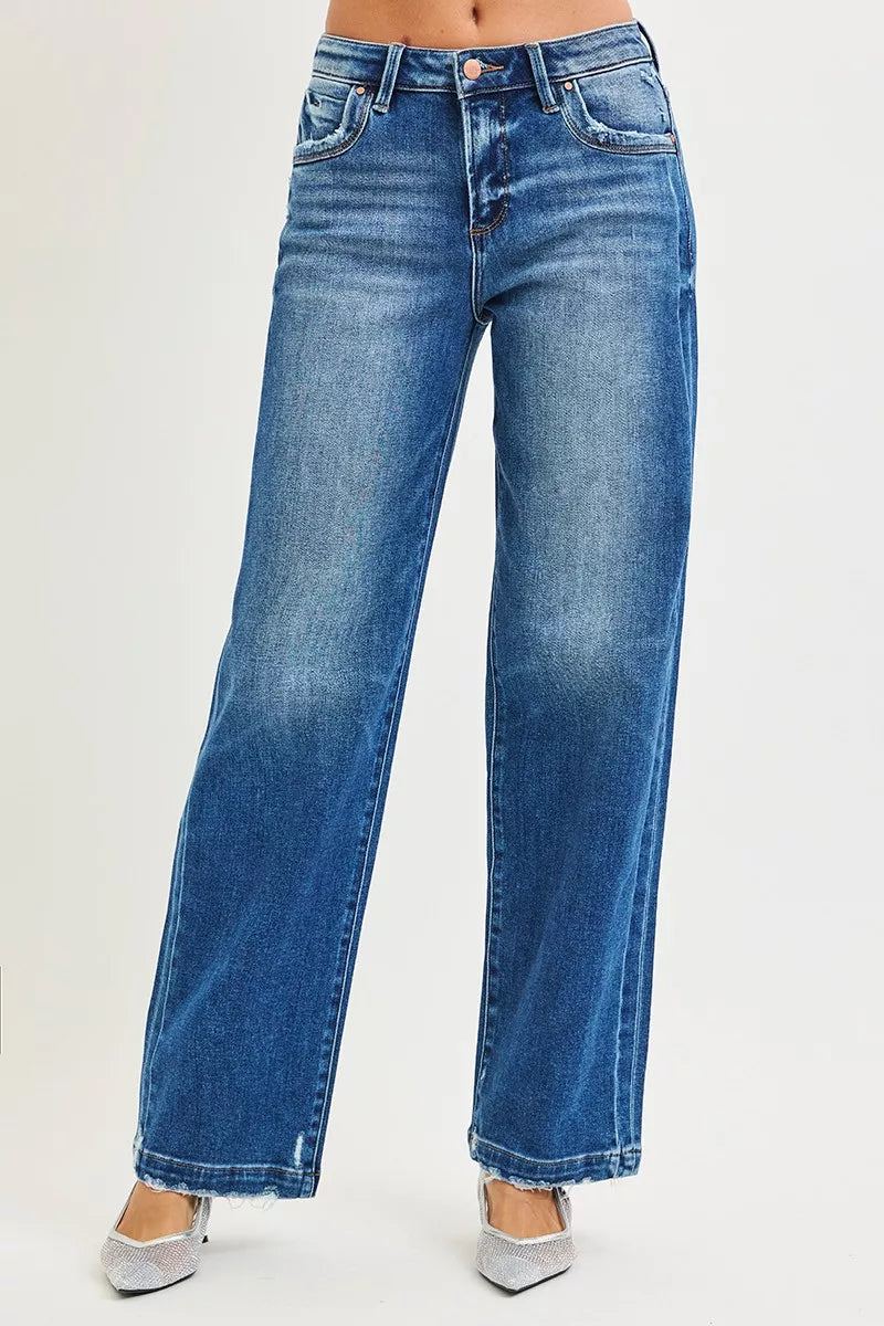 Risen High Rise Slouchy Baggy Side Seam Detail Jeans 