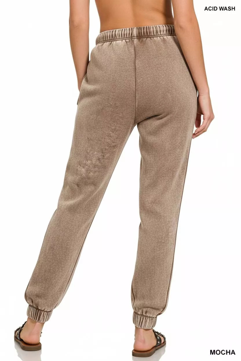 Zenana Acid Wash Fleece Jogger Sweatpants in Mocha