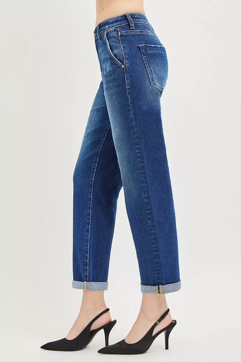 Risen High Rise Dark Wash Cuffed Boyfriend Jeans PGC21724 