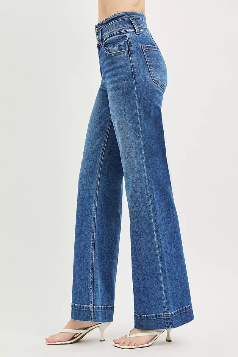 Risen High Rise Wide Waistband Wide Leg Jeans PW21705 