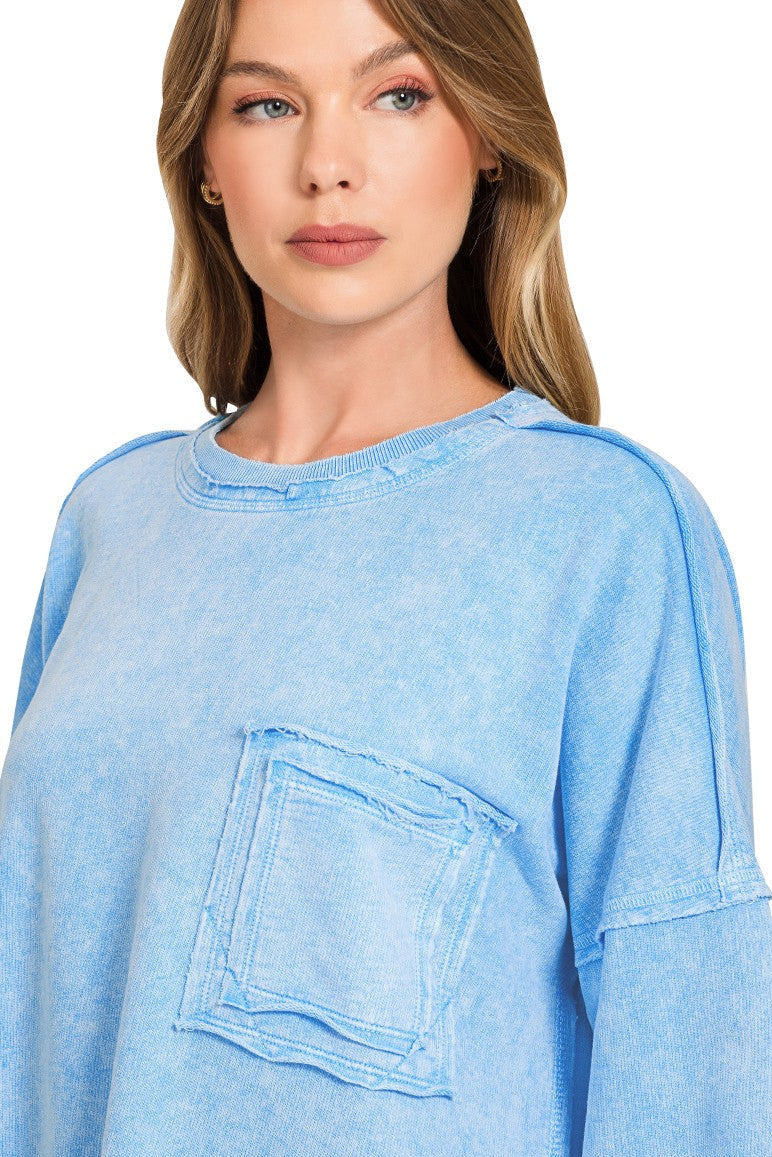Halo Washed French Terry Pullover Sweatshirt in Sky Blue