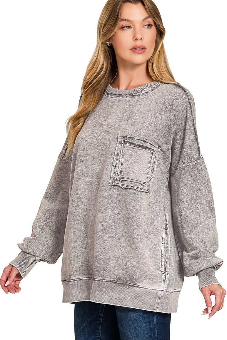 Halo Washed French Terry Pullover Sweatshirt in Ash Black