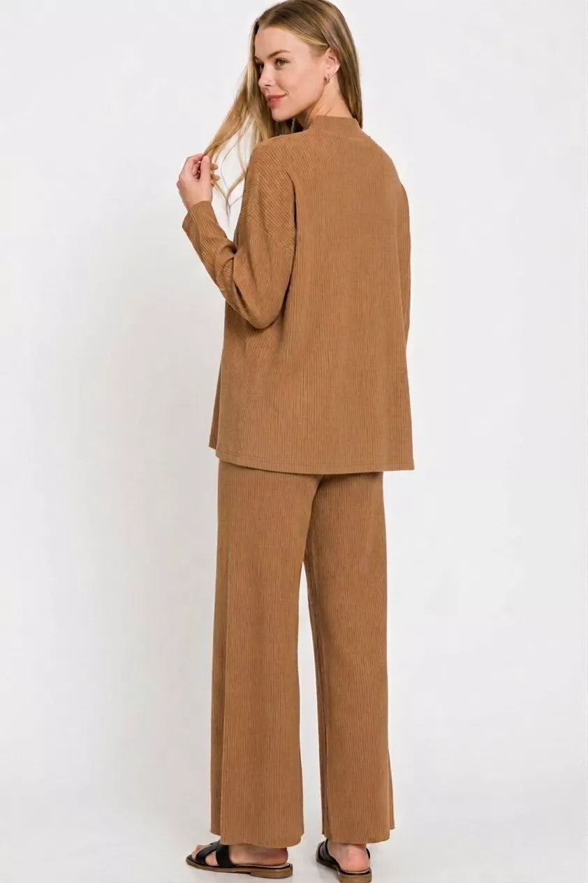 Zenana Viscose Sweater Knit Top & Pants Two-Piece Set in Deep Camel