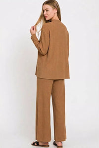 Zenana Viscose Sweater Knit Top & Pants Two-Piece Set in Deep Camel