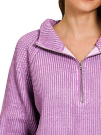 Zenana Ribbed Two Tone Half Zip Sweater in Violet/Lavender
